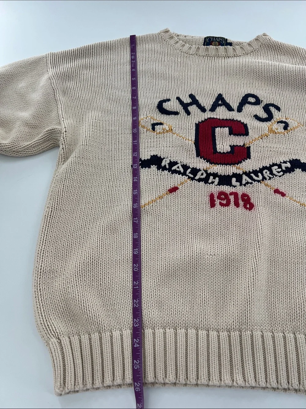 Vintage Ralph Lauren Chaps Cream Logo Knit Sweater oars Preppy Academia Rush XL